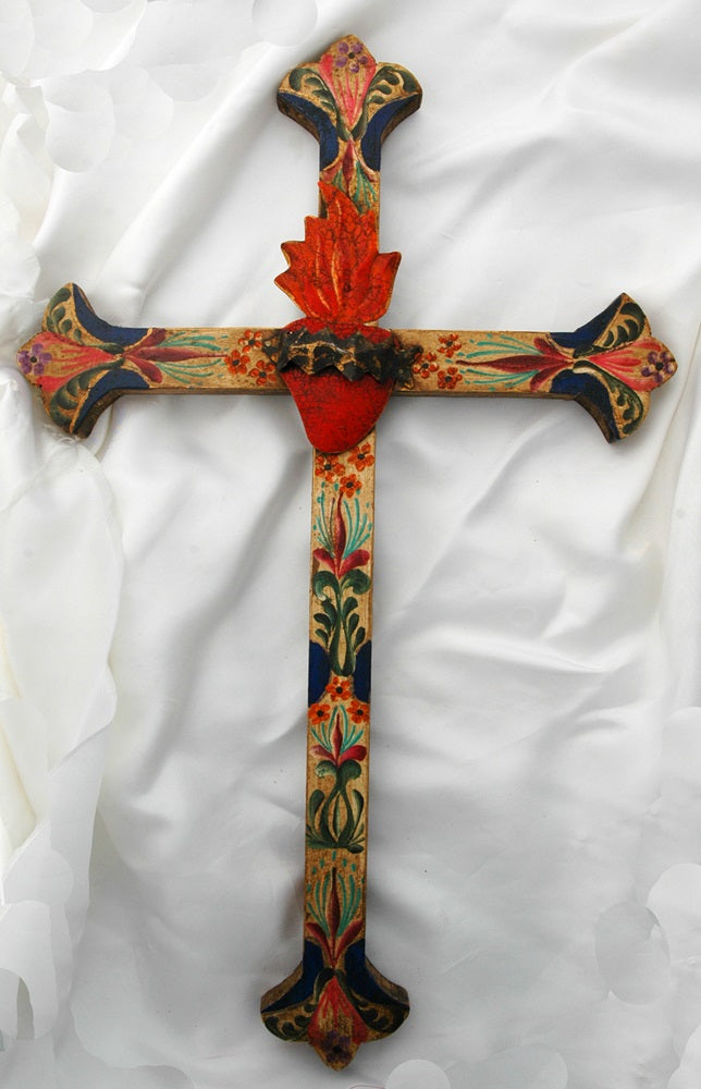 Floral Sacred Heart Mexican Wall Cross - 20"