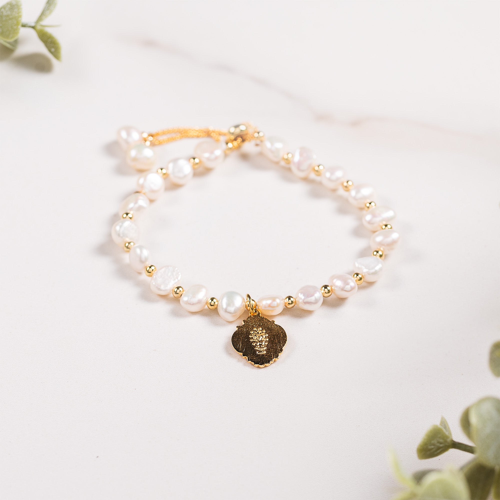 Freshwater Pearl Gold Miraculous Medal Bracelet