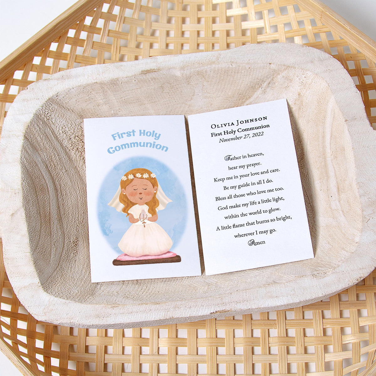 Holy communion prayer cards with illustration on white paper.
