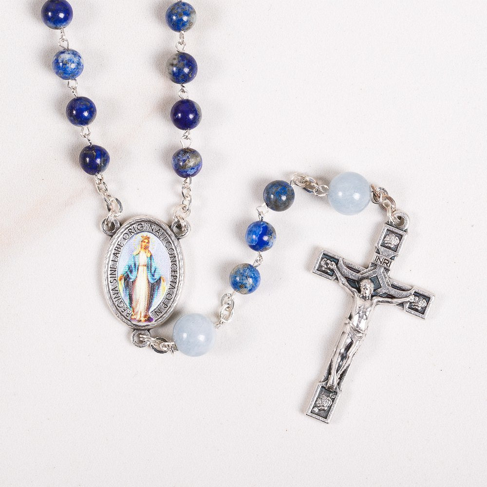 Lapis & Angelite Miraculous Medal Rosary