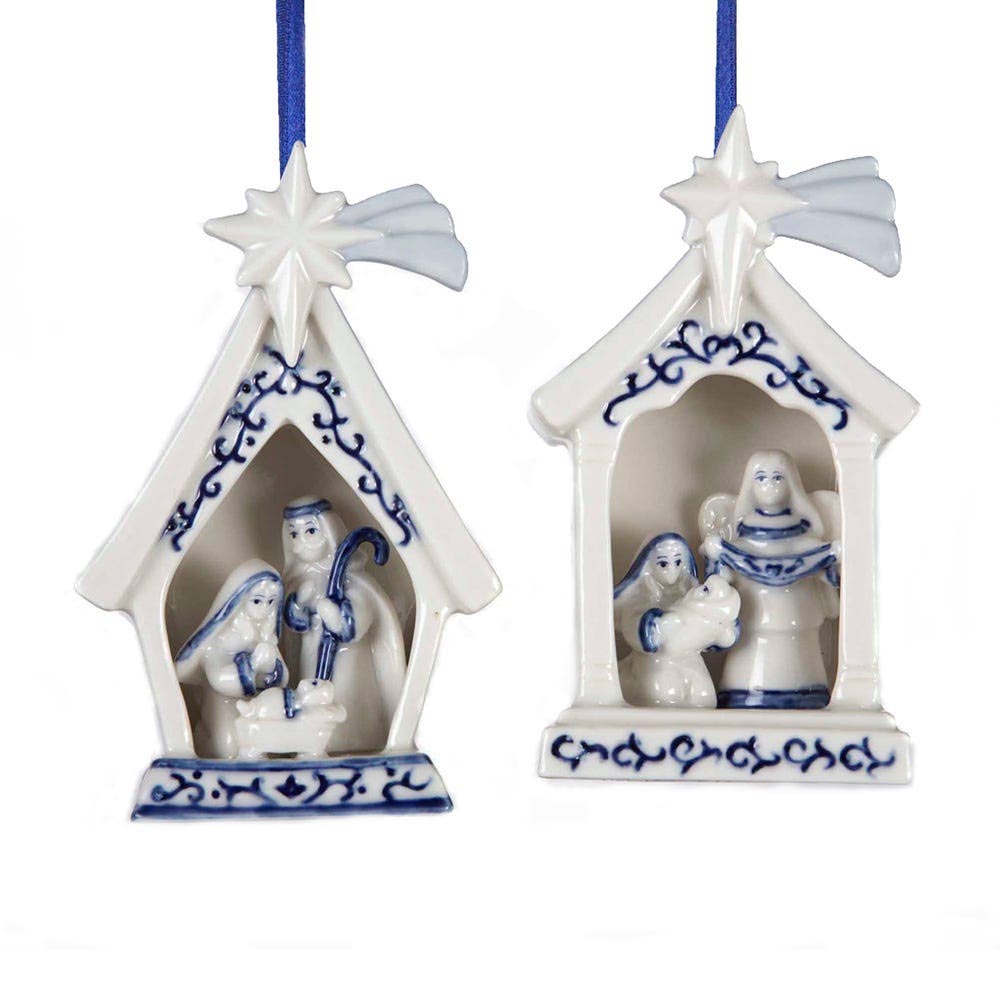 Delft Blue Porcelain Holy Family Ornaments - Set of 2