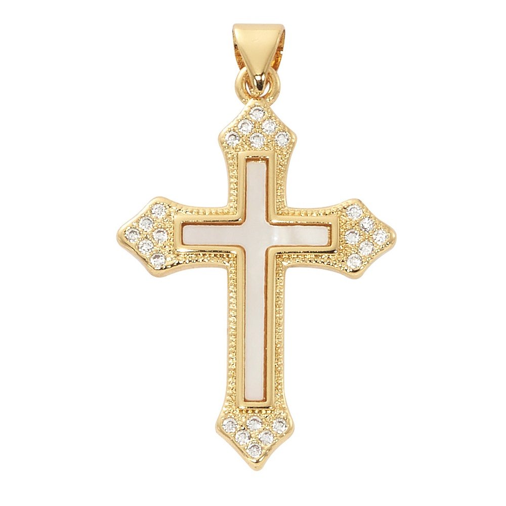 Gold Mother of Pearl & Crystal Cross Necklace