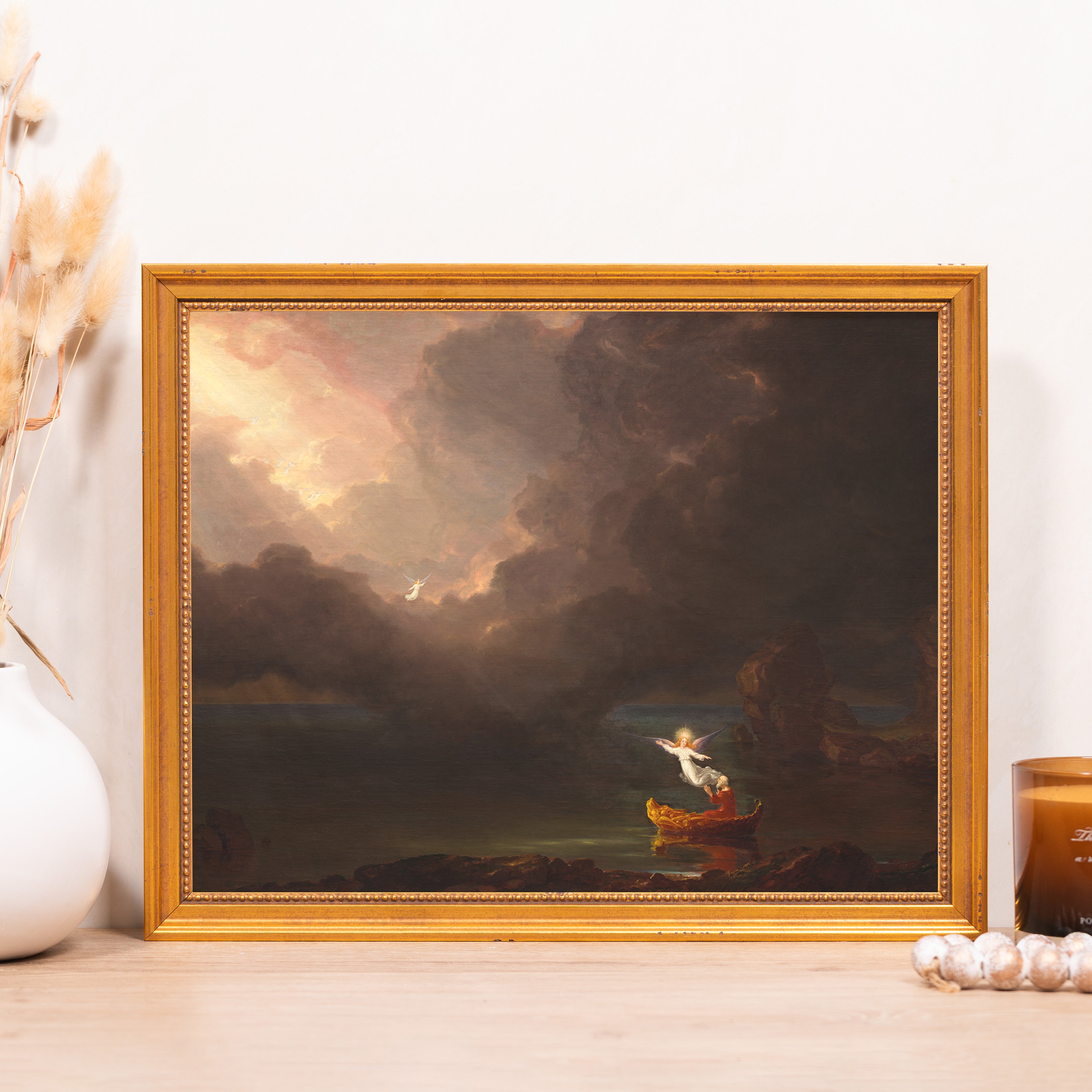 Framed print of oil painting of angels on the sea in gold frame for home decor art.