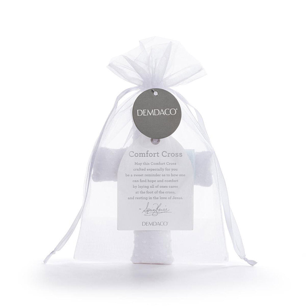 White, Textured comfort cross in a sheer white drawstring bag gift with tag.