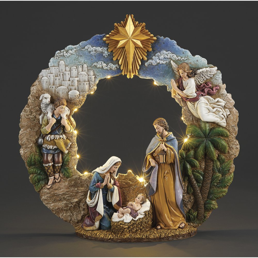Richly Colored Lighted Nativity Wreath - 17"
