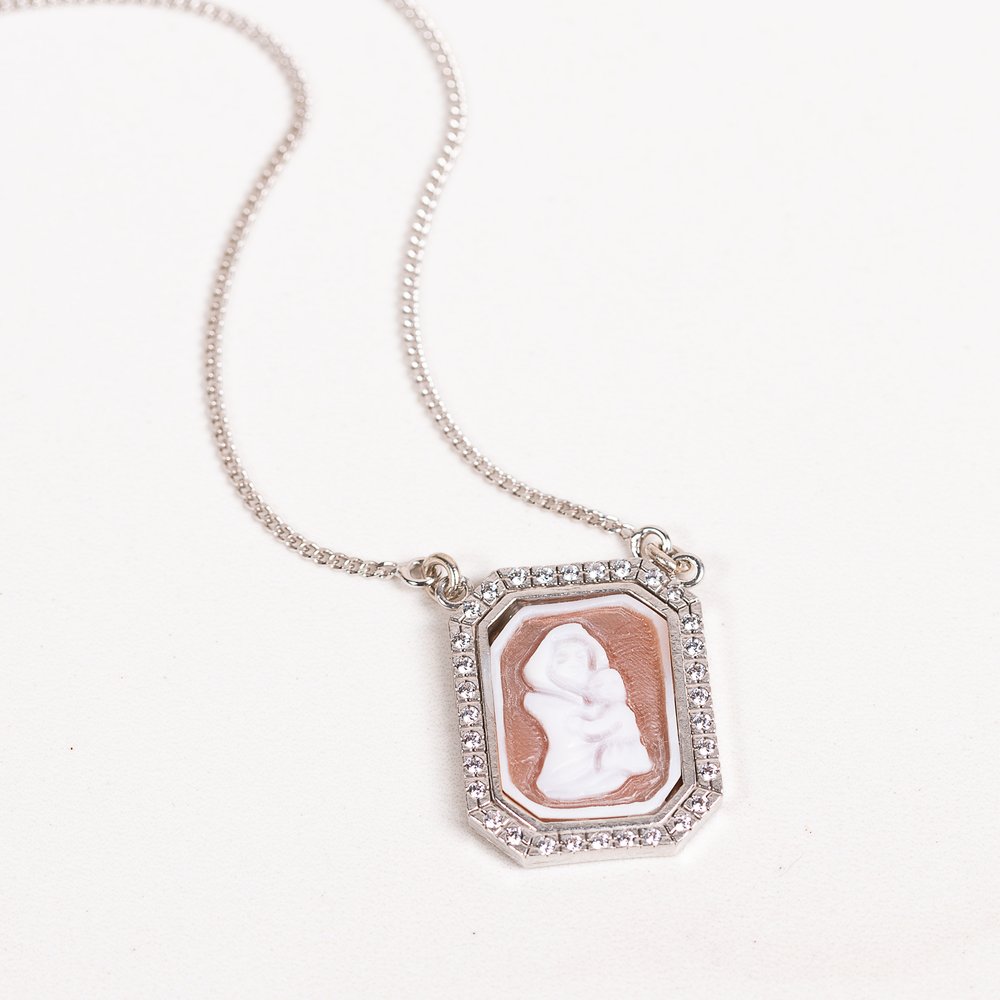 Sterling Silver & Crystal Madonna & Child Cameo Necklace