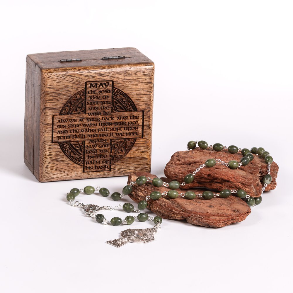 Personalized Irish Blessing Keepsake Box with Connemara Marble Rosary