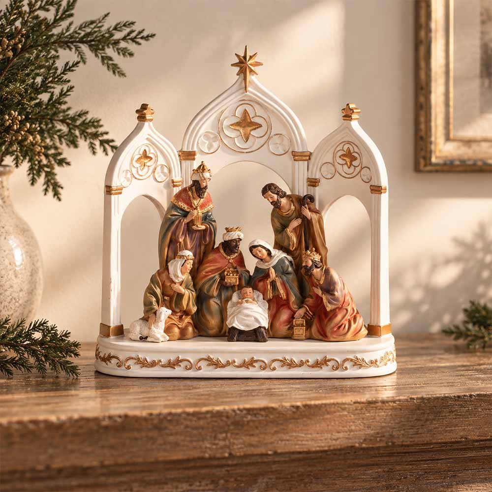 LED Lighted One-Piece Nativity Beneath Arches - 12" (H)