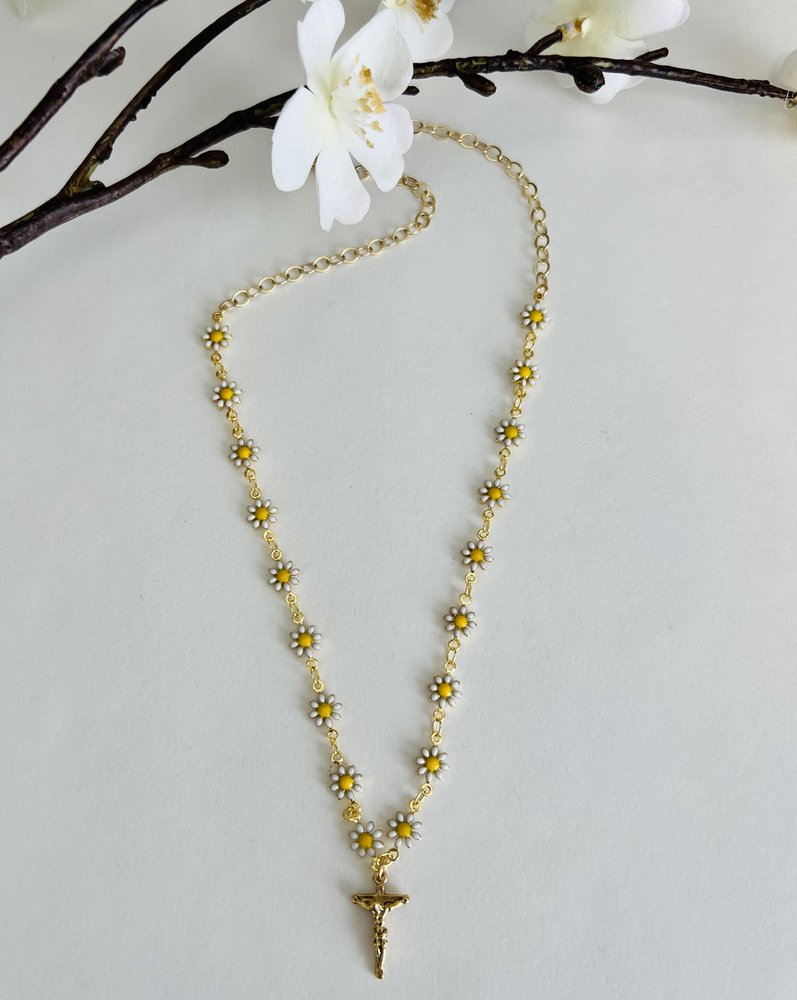 White Daisy Chain Crucifix Necklace