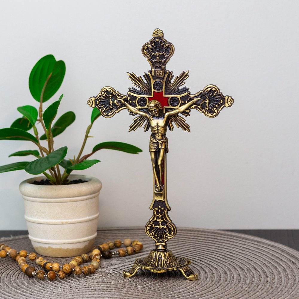 Antique Brass Standing Crucifix with Red Inlay - 8"