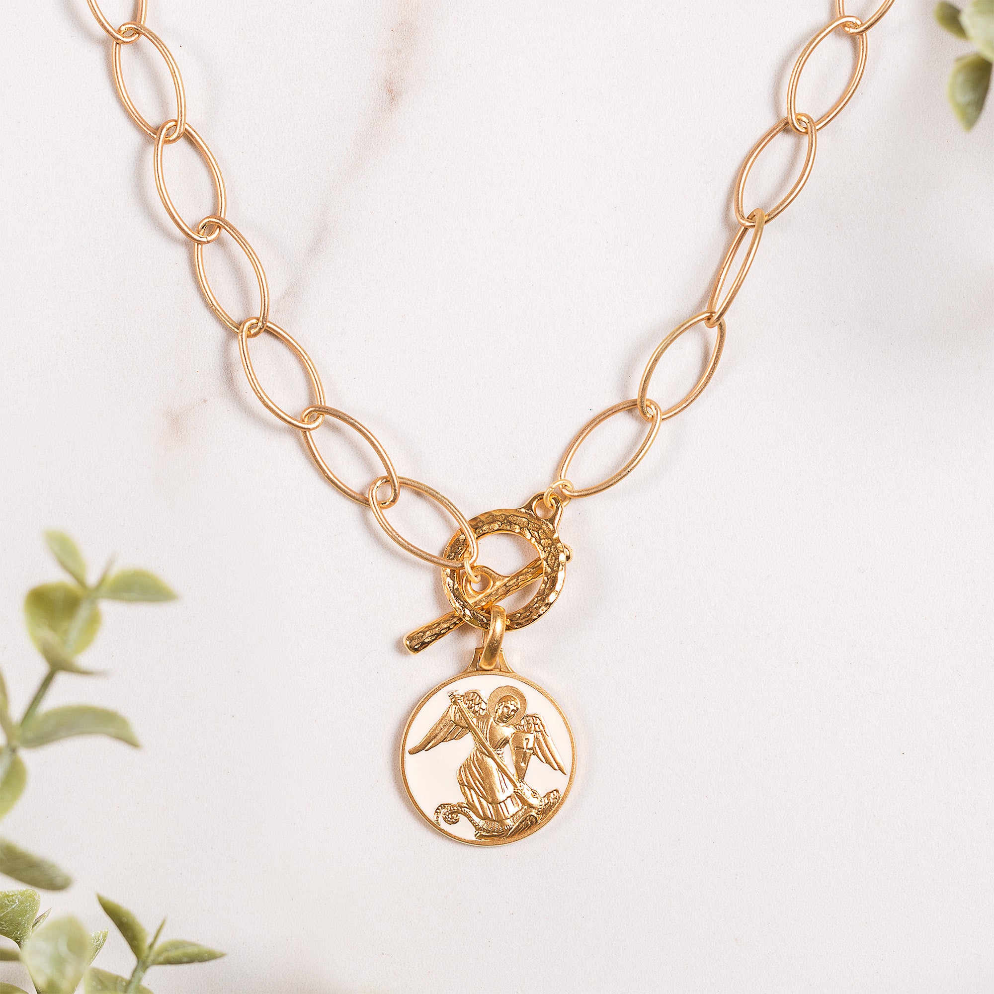 Handcrafted White Enamel St. Michael Necklace