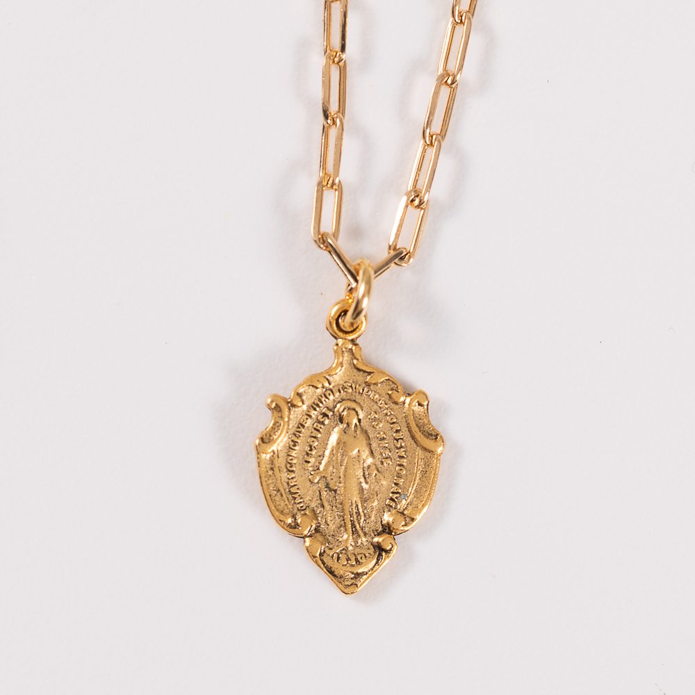 Ornate Miraculous Medal on Petite Paperclip Chain Necklace