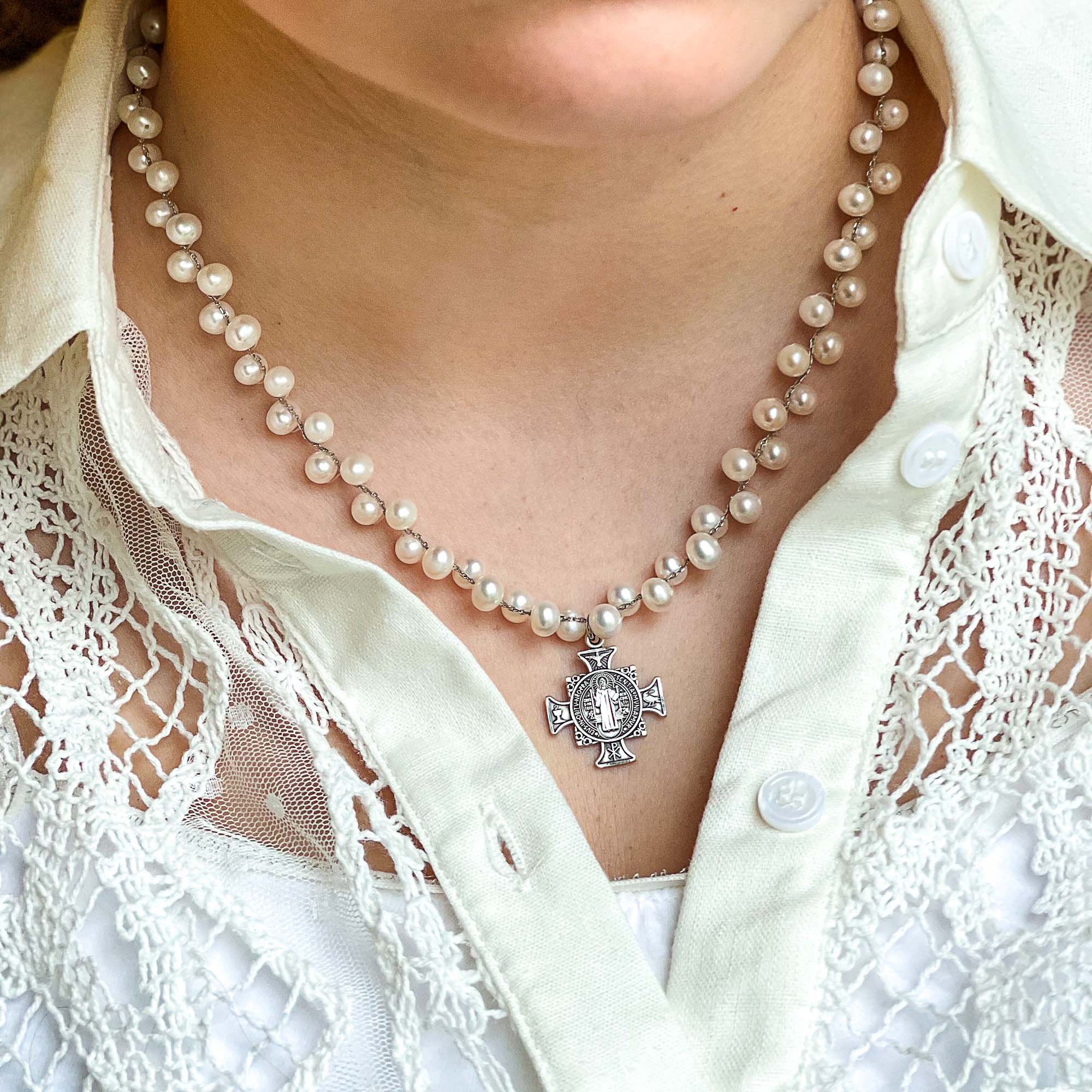 Grapevine Pearl St. Benedict Cross Necklace