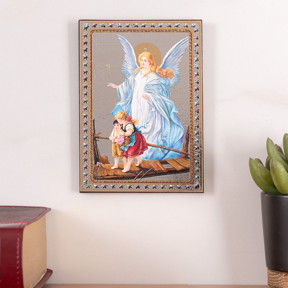 Angel guardian wall art with decorative border and two children on a bridge.