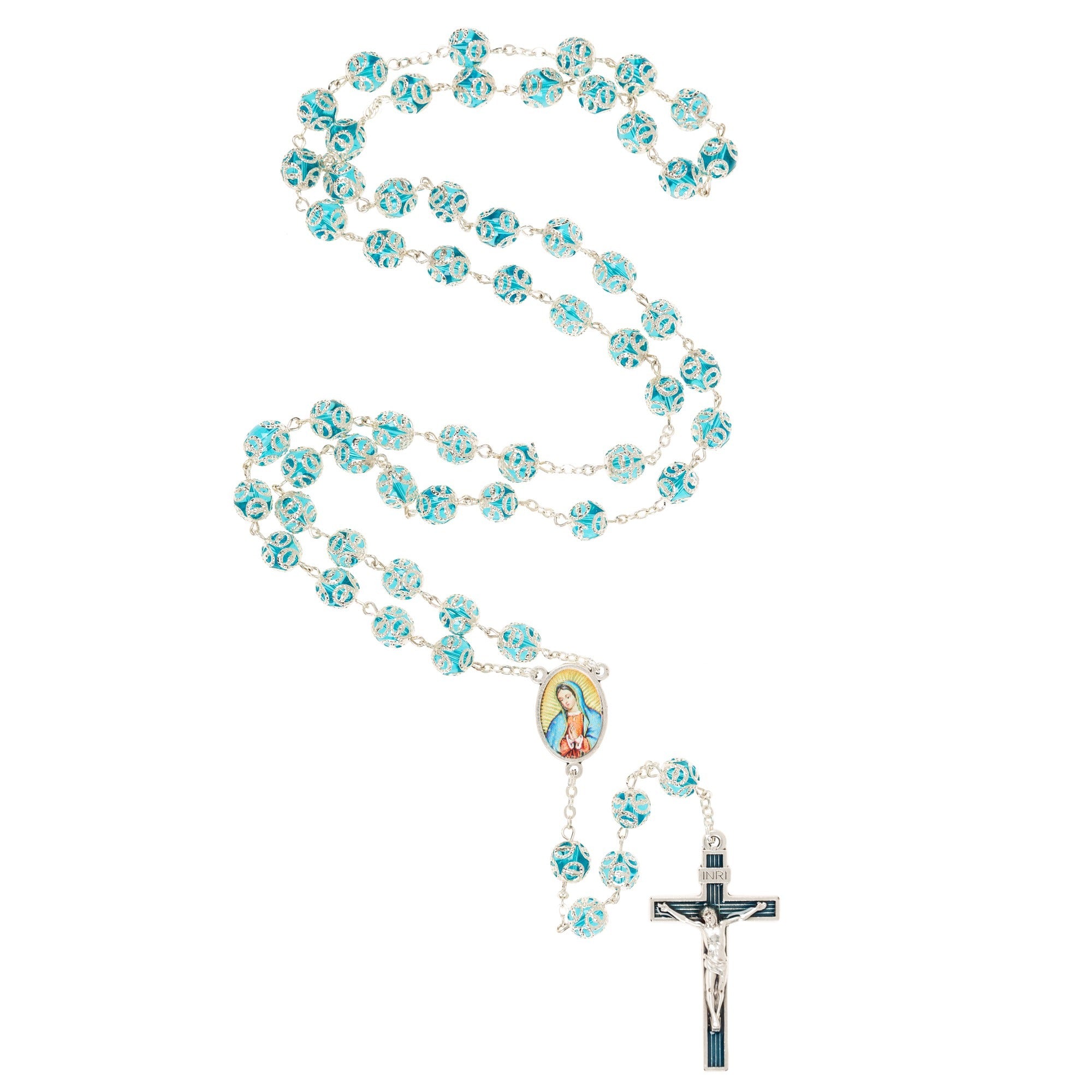 Catholic Rosary with patterned blue and silver beads, crucifix, and Virgin Mary center medal.
