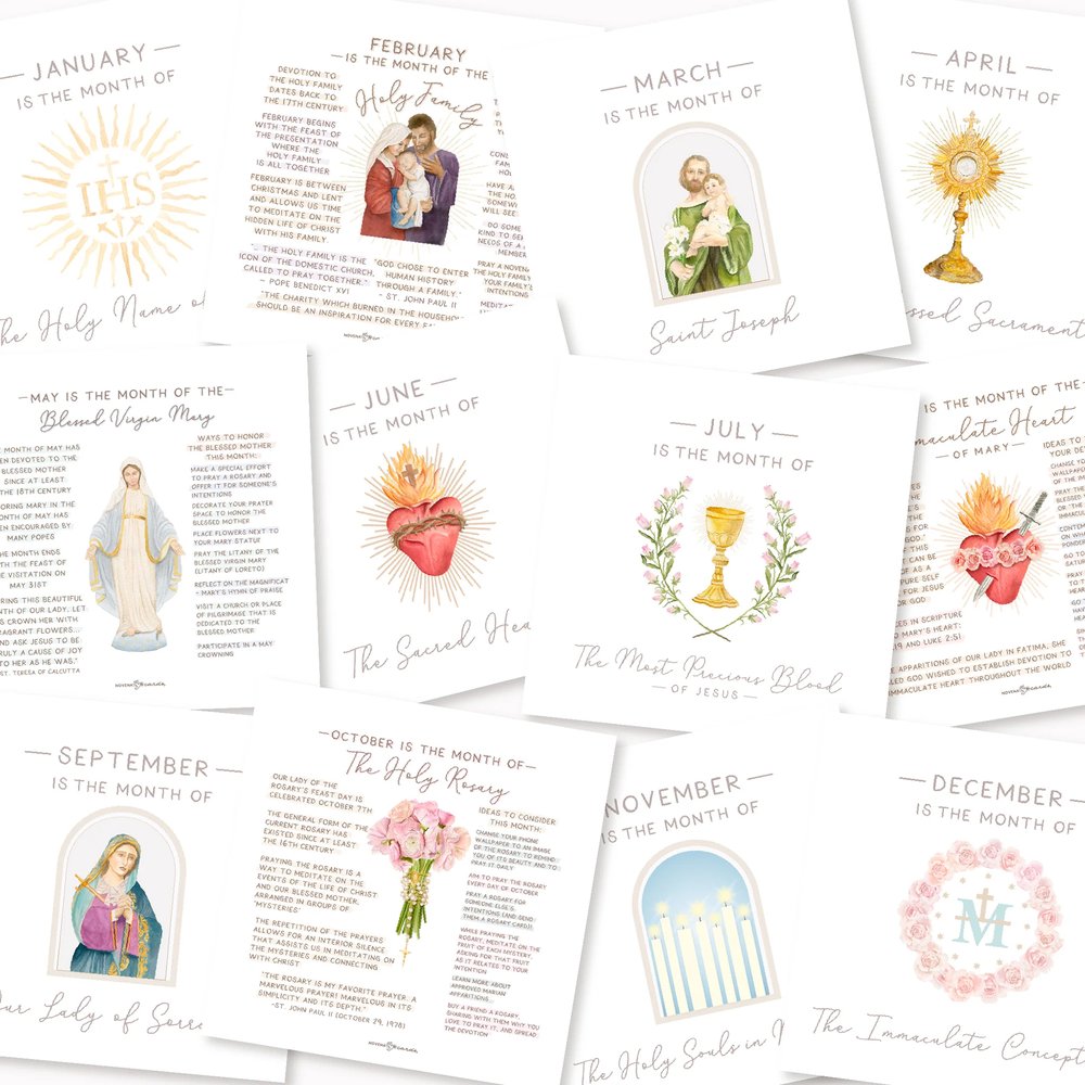 12 Catholic Monthly Devotion Prints & Acrylic Stand