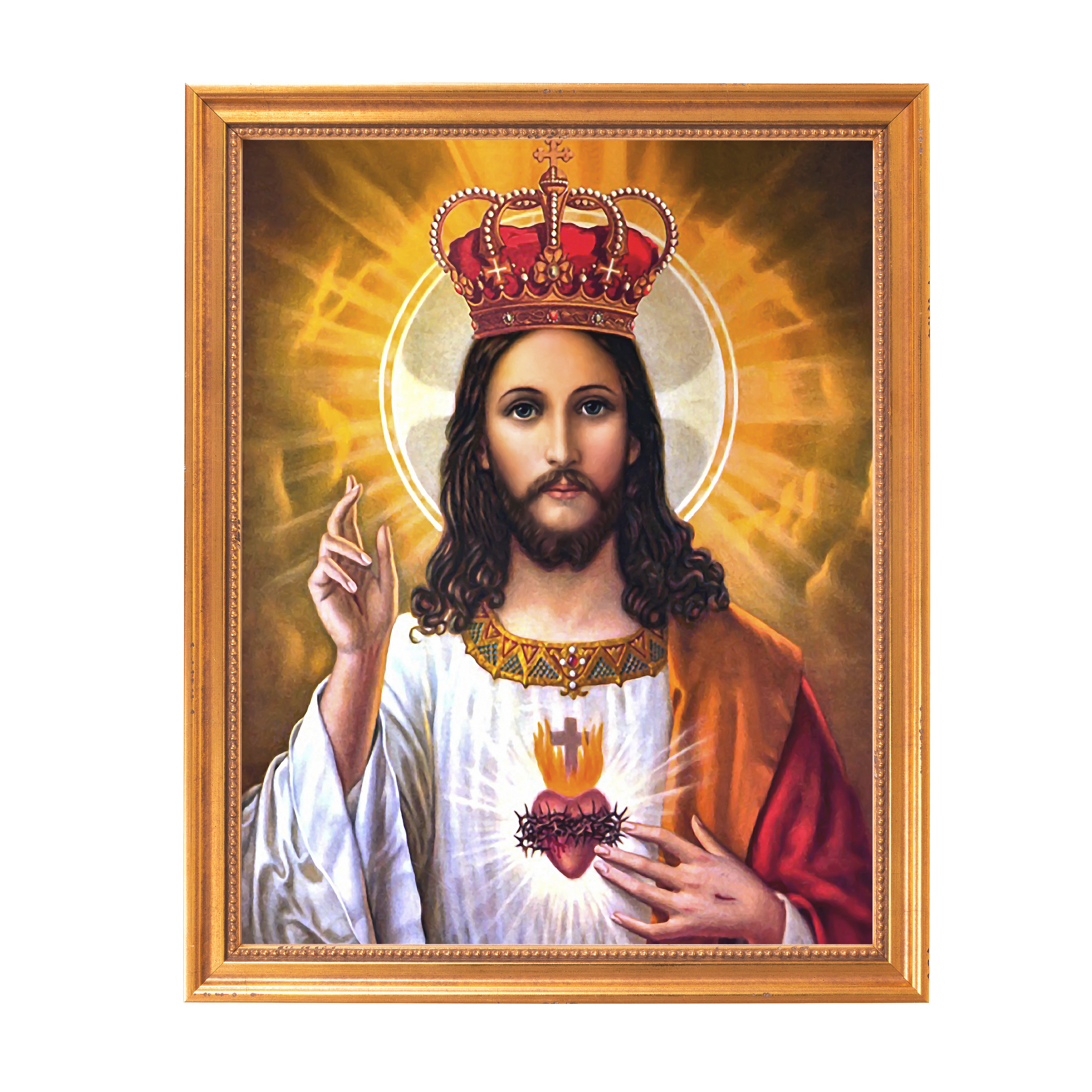 Framed portrait of Jesus Christ with a red crown, Sacred Heart, gold frame.