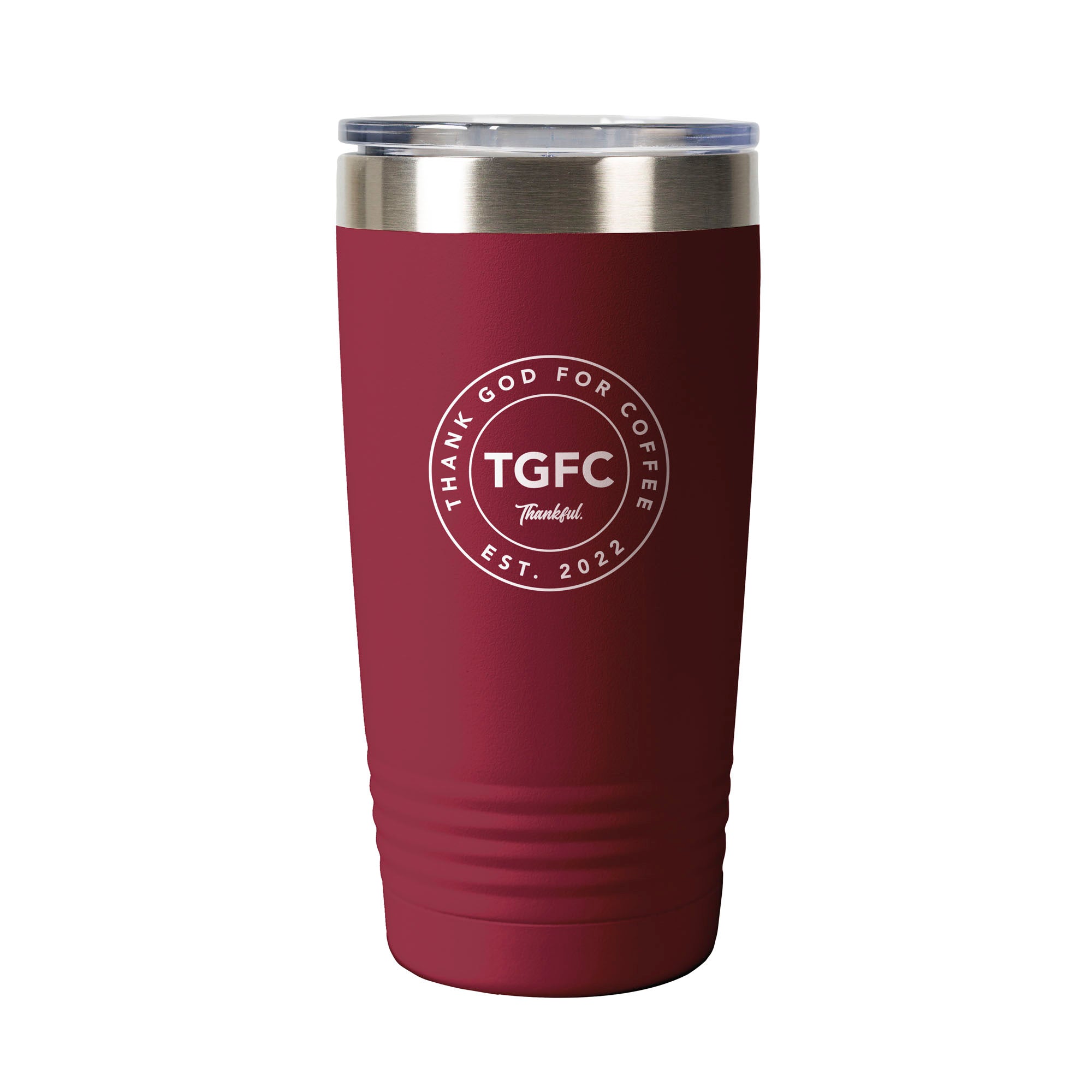 Burgundy, stainless steel tumbler with "TGFC Thankful Est 2022" graphic and metal lid.