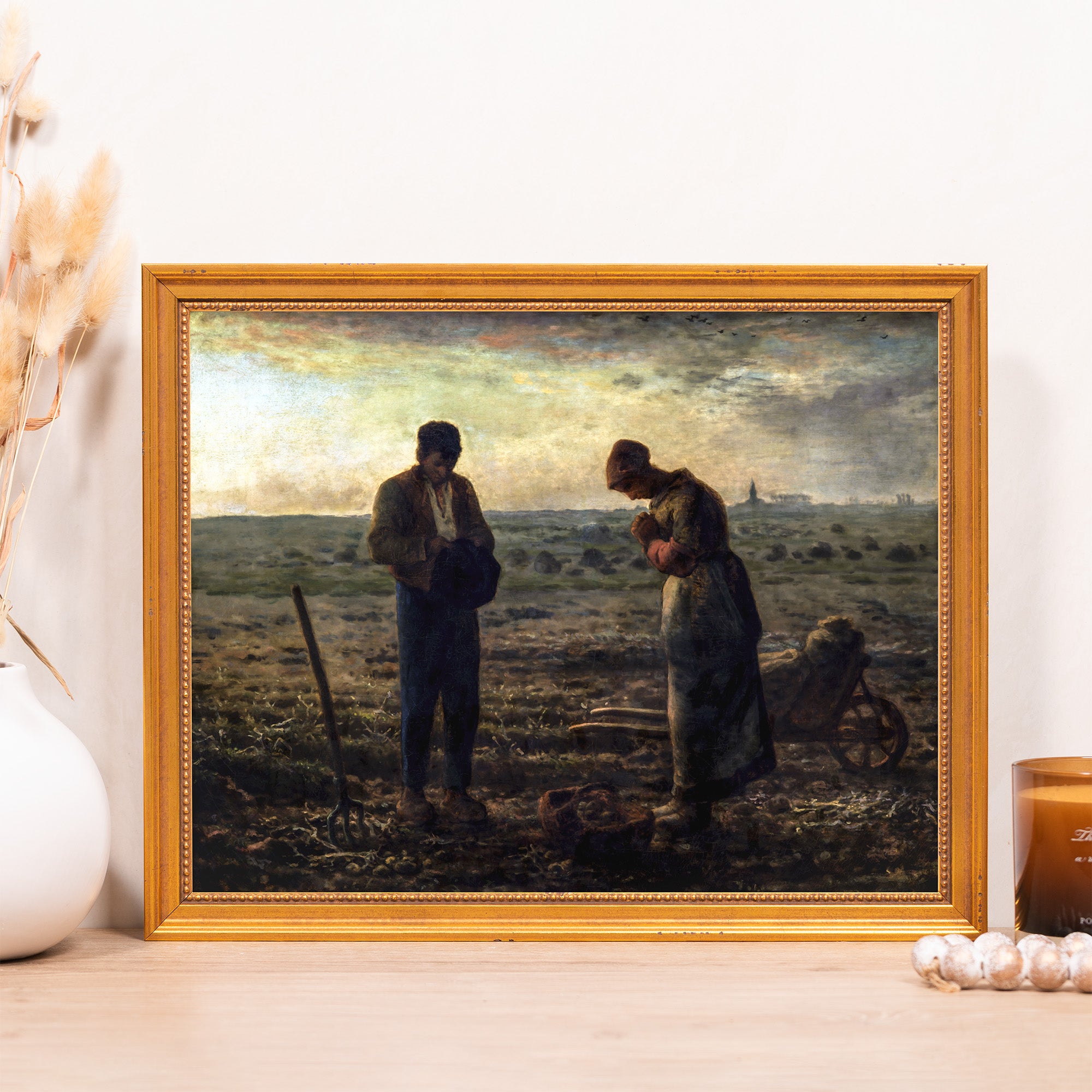 Framed, "The Angelus" print, gold frame, classic style.