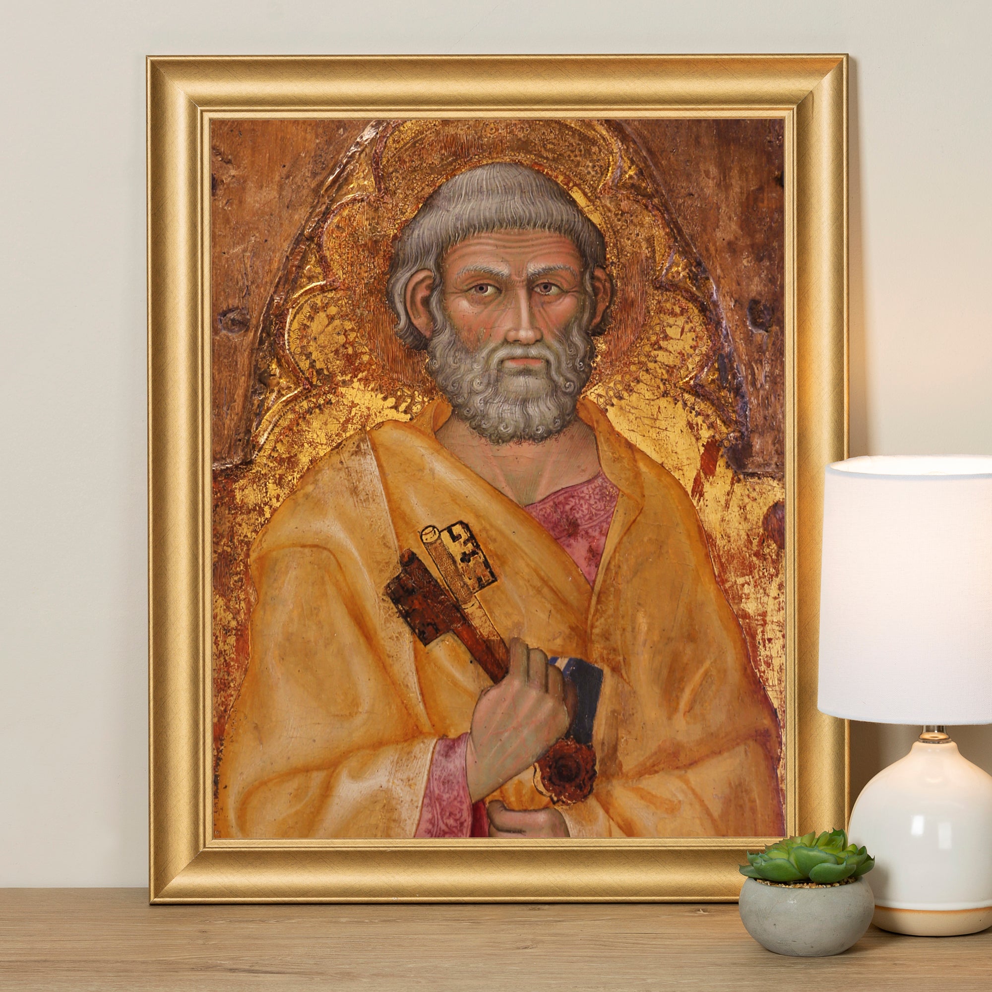 Framed art features Saint Peter holding keys, gold halo, and set in a gold frame.