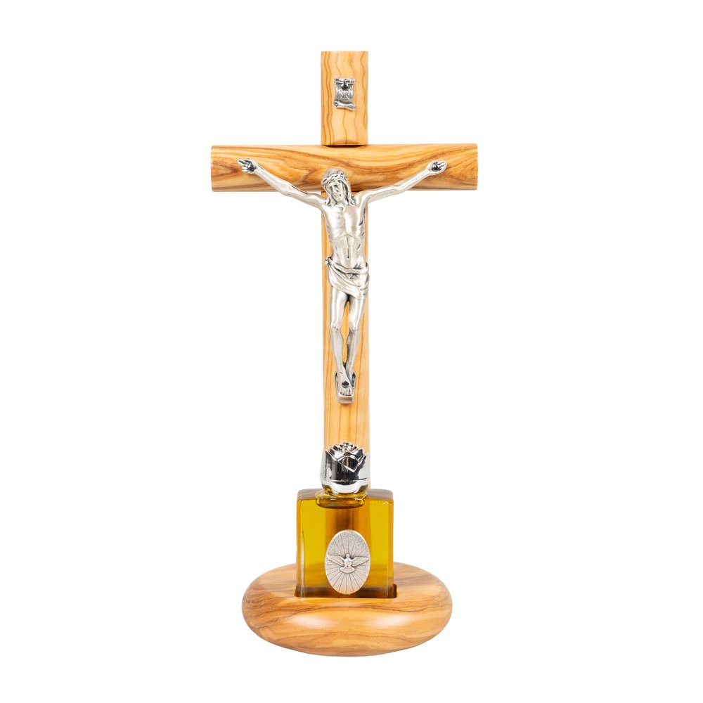Italian Olive Wood Crucifix & Oil Display - 8.6"