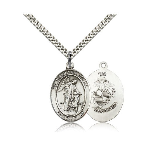 Sterling Silver Guardian Angel / U.S. Marines Insignia Pendant w/ chain