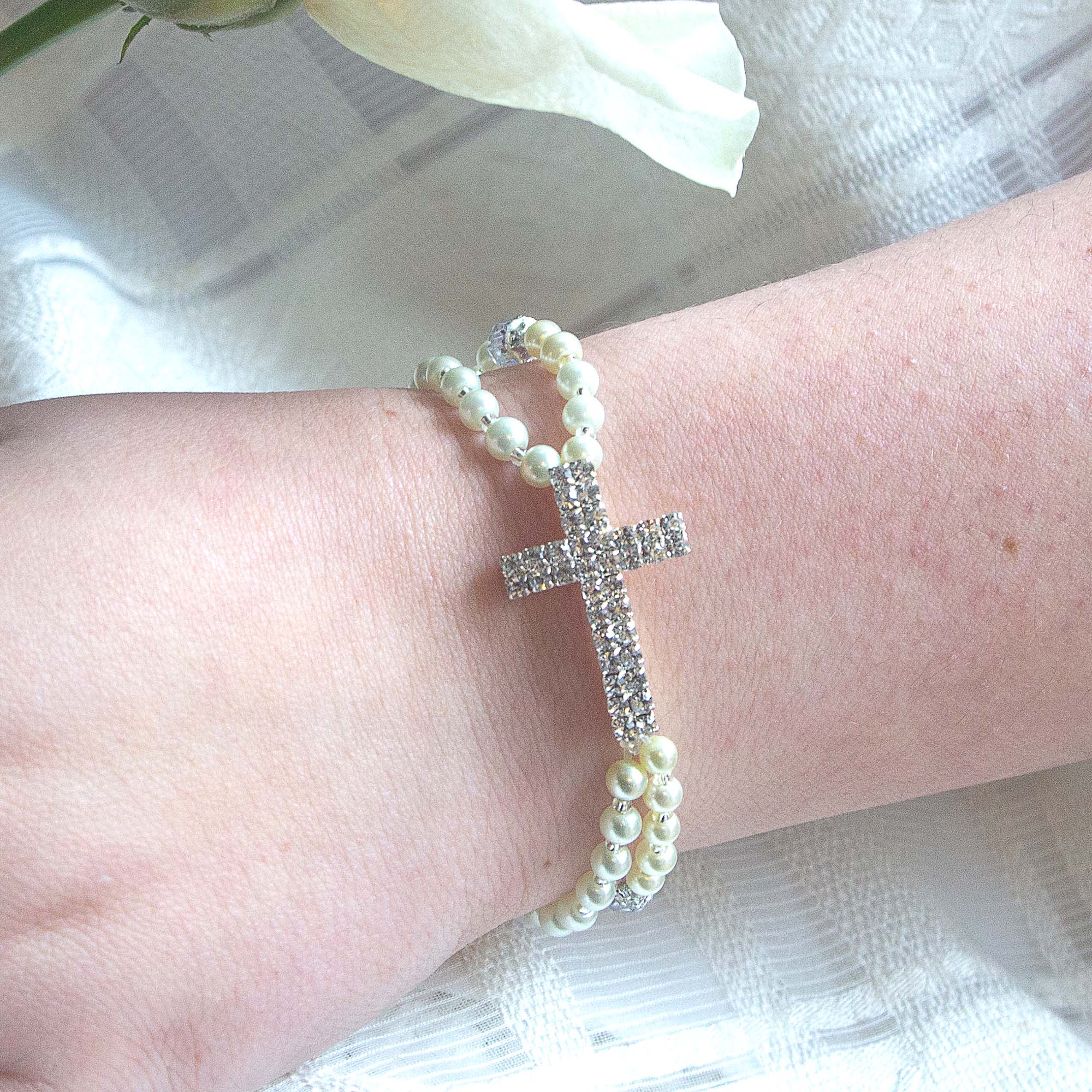 Rhinestone Cross & Pearl First Communion Rosary Bracelet