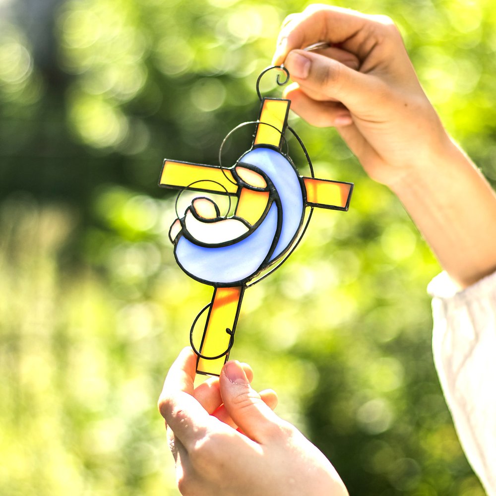 Handcrafted Mary & Baby Jesus Stained Glass Hanging Cross