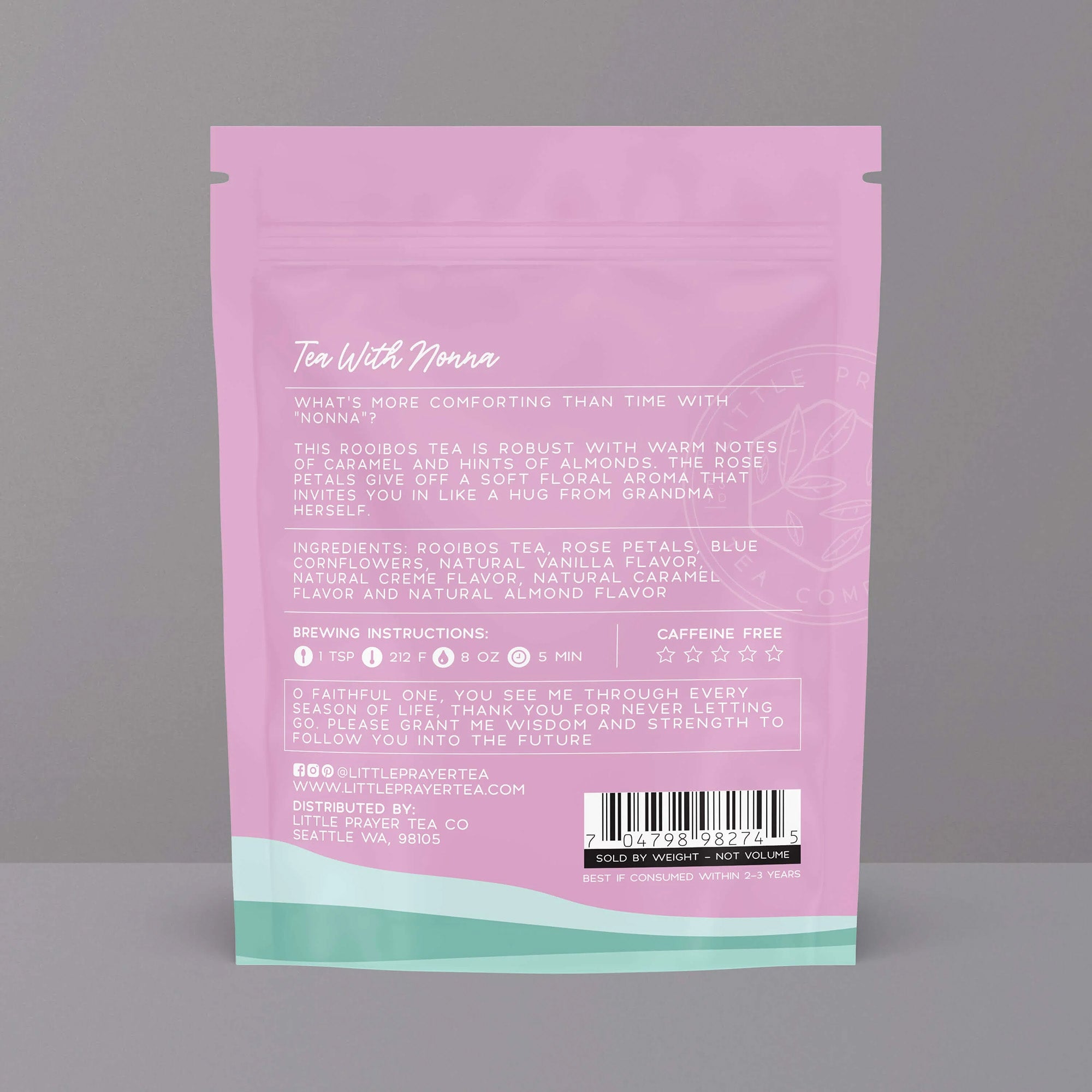 Pink Tea With Nonna packet for herbal tea blend; ingredients include rooibos, rose petals, and cornflowers.