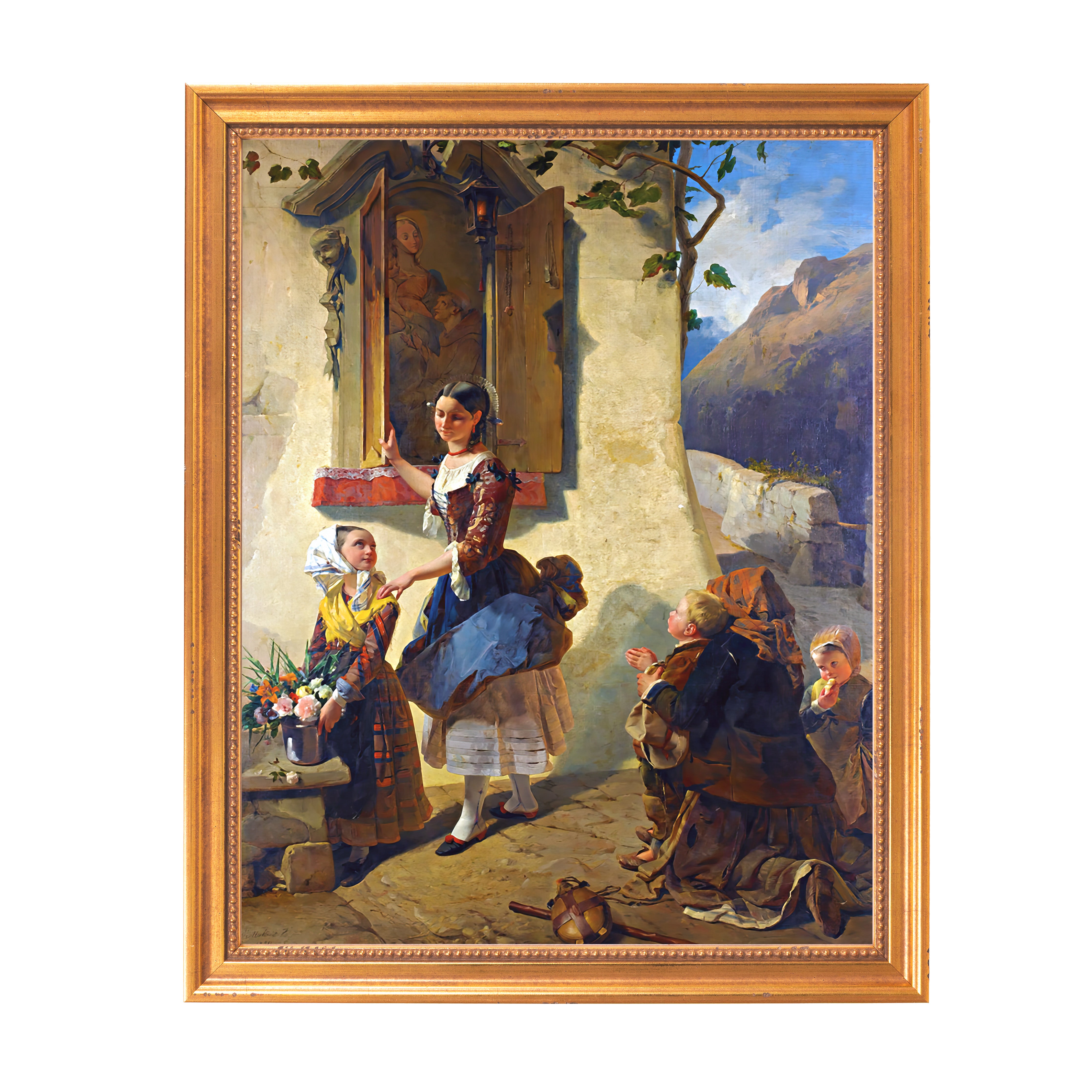 Framed oil painting of a young woman interacting with peasant children in a rural setting, gold frame.