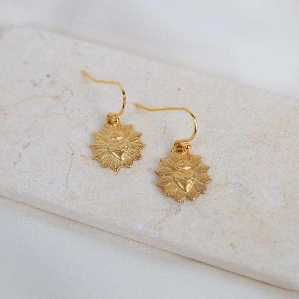 Gold Sacred Heart Sunburst Earrings
