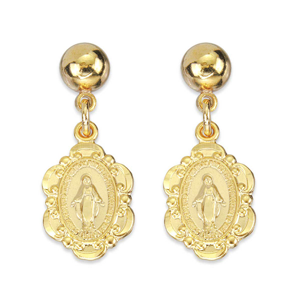 Gold-tone religious earrings with Miraculous Medal design and round ball stud closure.