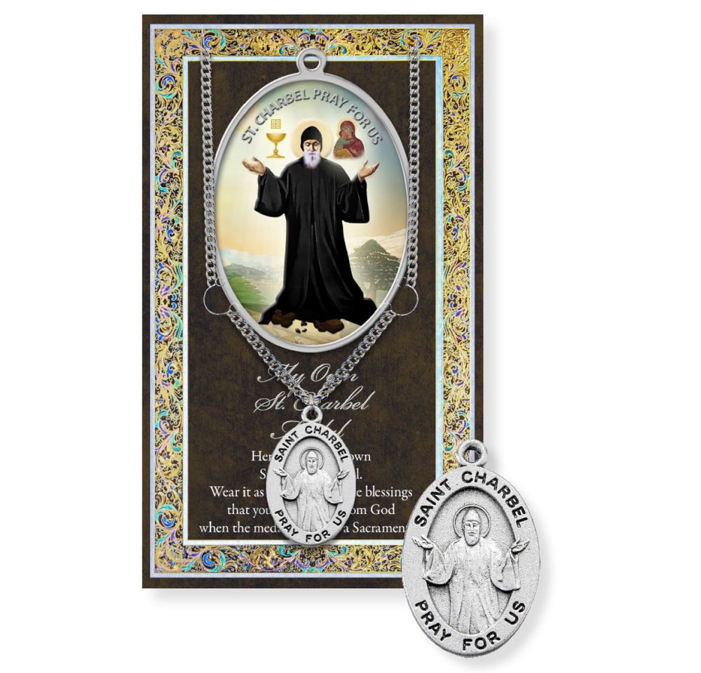 St. Charbel Pewter Medal Necklace & Prayer Card Pamphlet - 24"