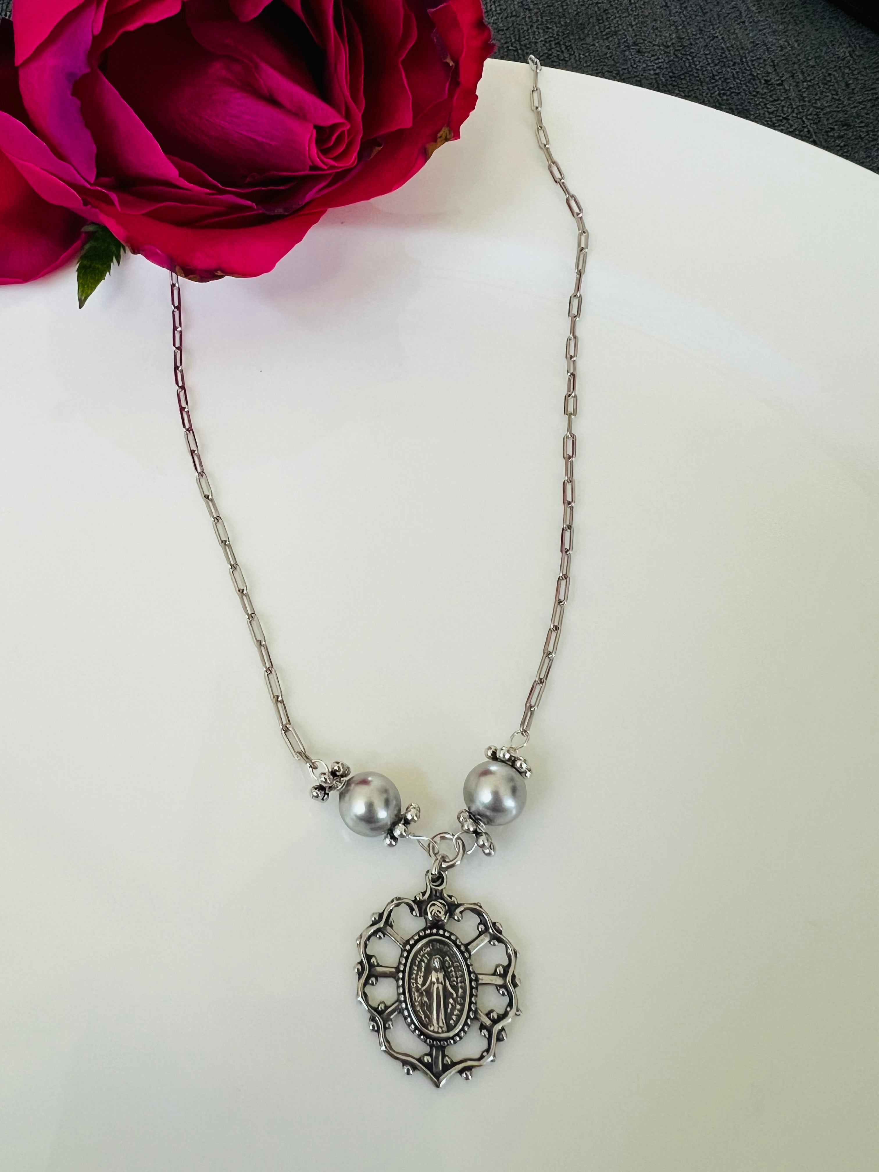 Sterling Silver & Pearl 7 Sorrows Miraculous Medal Necklace