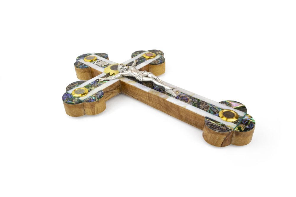 Olive Wood & Mother of Pearl Crucifix with 5 Elements - 11"