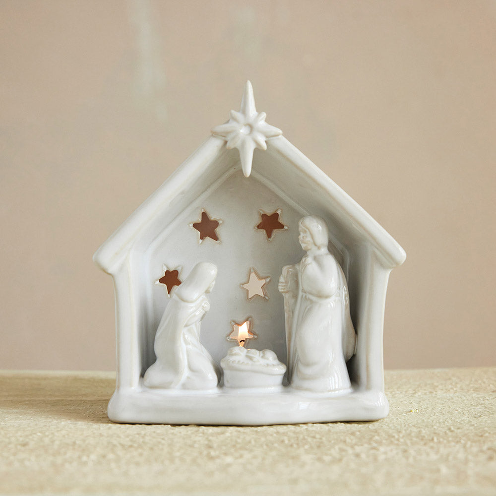 Holy Family Nativity Tea Light Holder with Star Cut-Outs