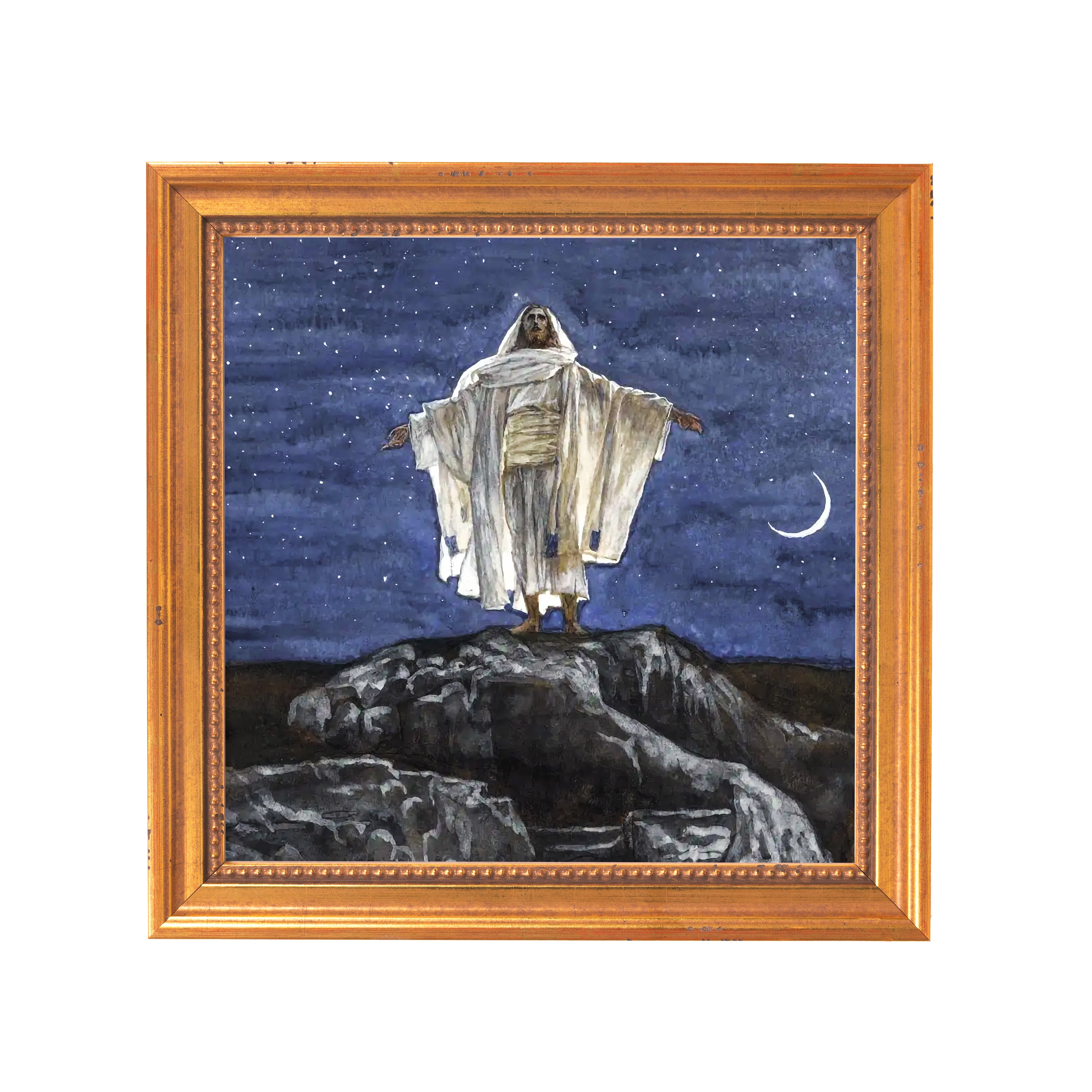 Framed painting depicts a figure in white robes standing on rocks under a starry sky with a crescent moon.