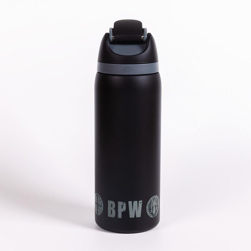 Black, cylindrical water bottle with a flip-top lid and a gray band, featuring a "BPW" logo near the base.