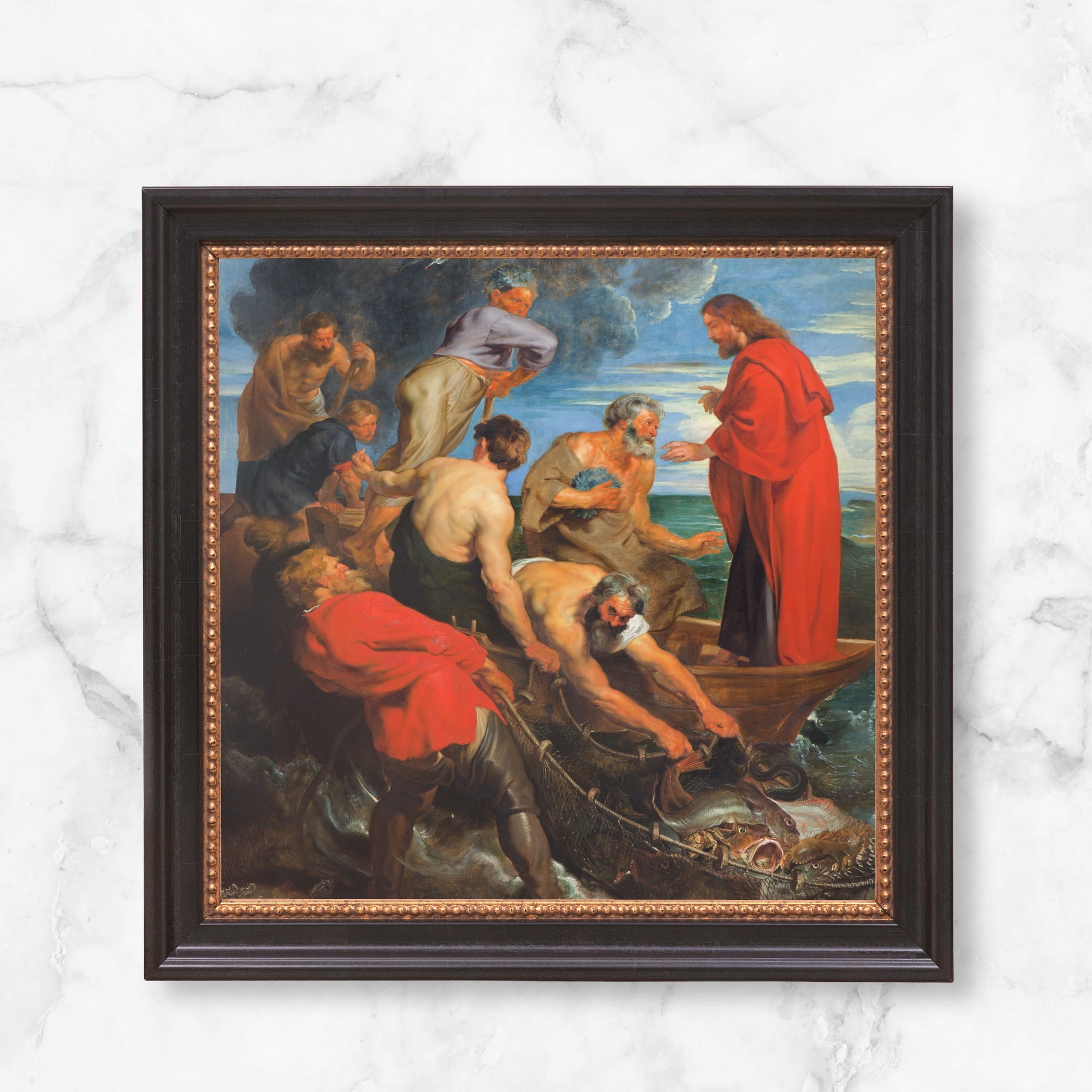 Framed print shows "The Miraculous Draught of Fishes" painting, depicting Jesus in red robe on boat, helping fishermen.