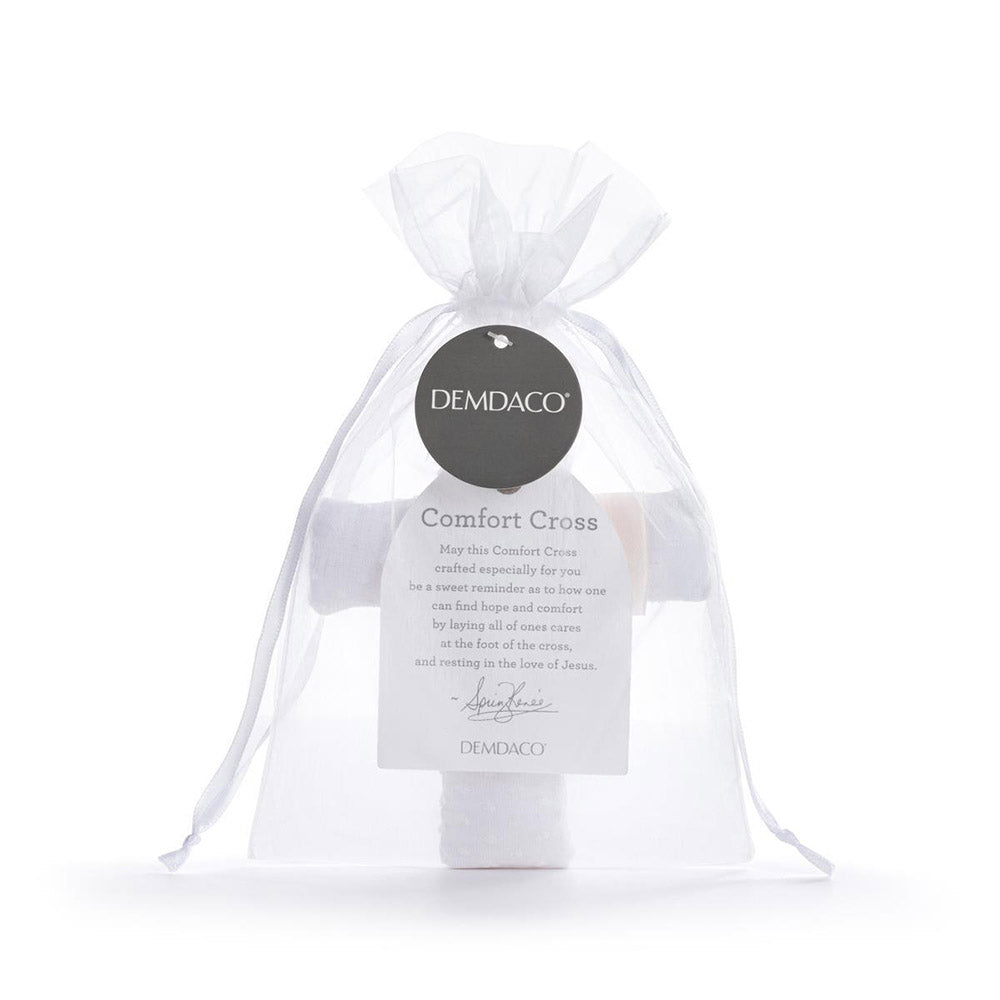 White, fabric Comfort Cross gift set with tag, displayed in a sheer white bag.