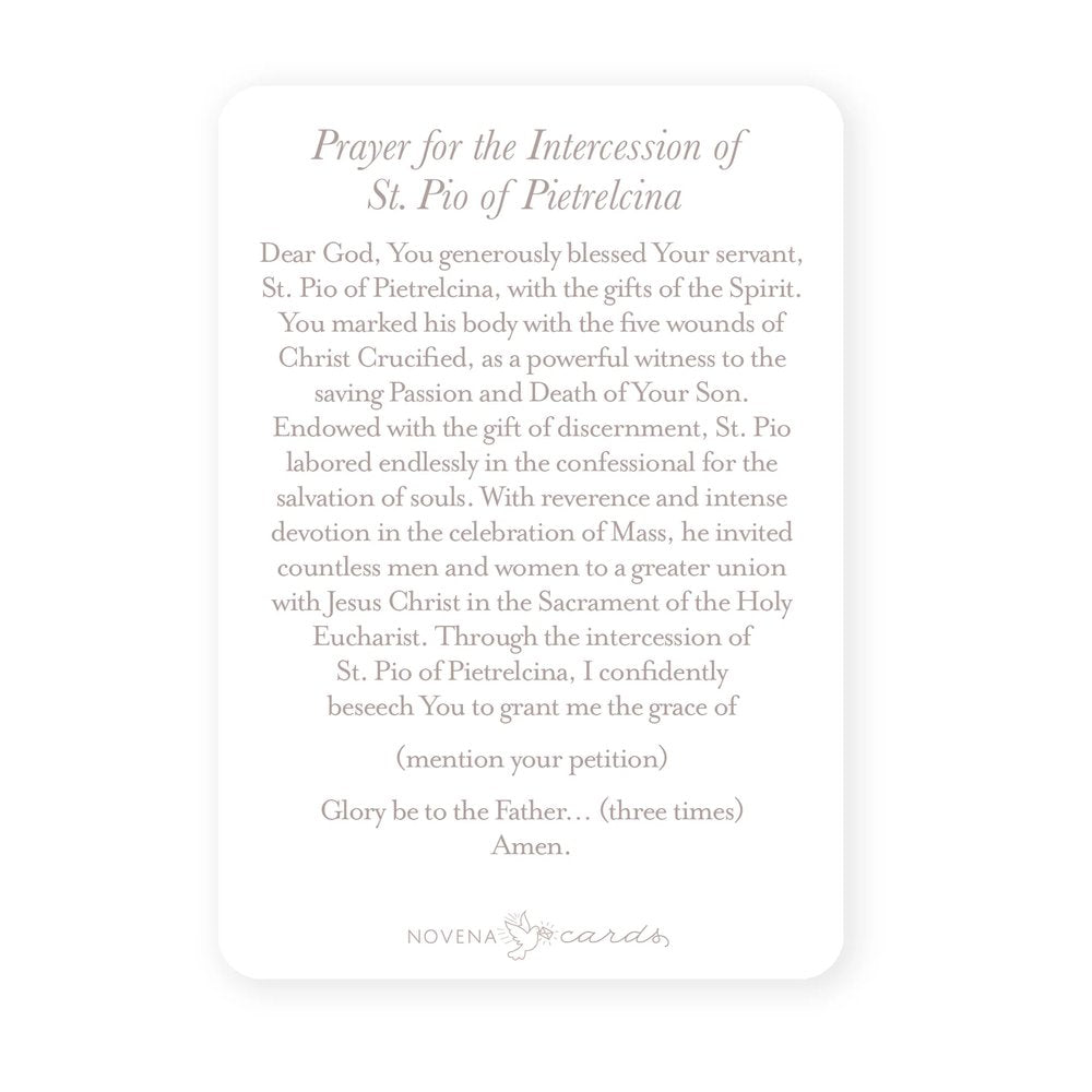 White prayer card with rounded edges, featuring "Prayer for the Intercession of St. Pio of Pietrelcina" in gray text.