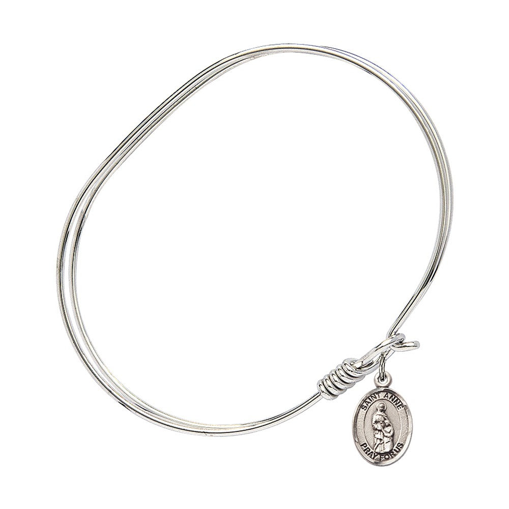 Adult 7" Oval  Rhodium Plated Bangle Bracelet with St. Anne Medal Charm