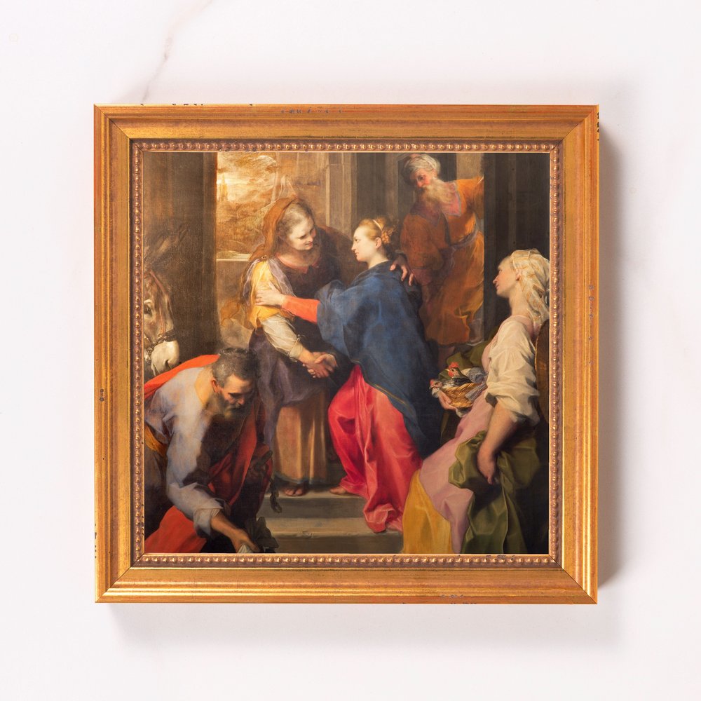 Framed canvas print of Visitation painting in a gilded, ornate style frame.