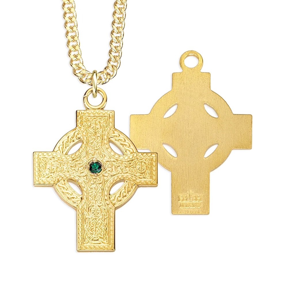 Gold Iona Celtic Cross Necklace with Emerald Center