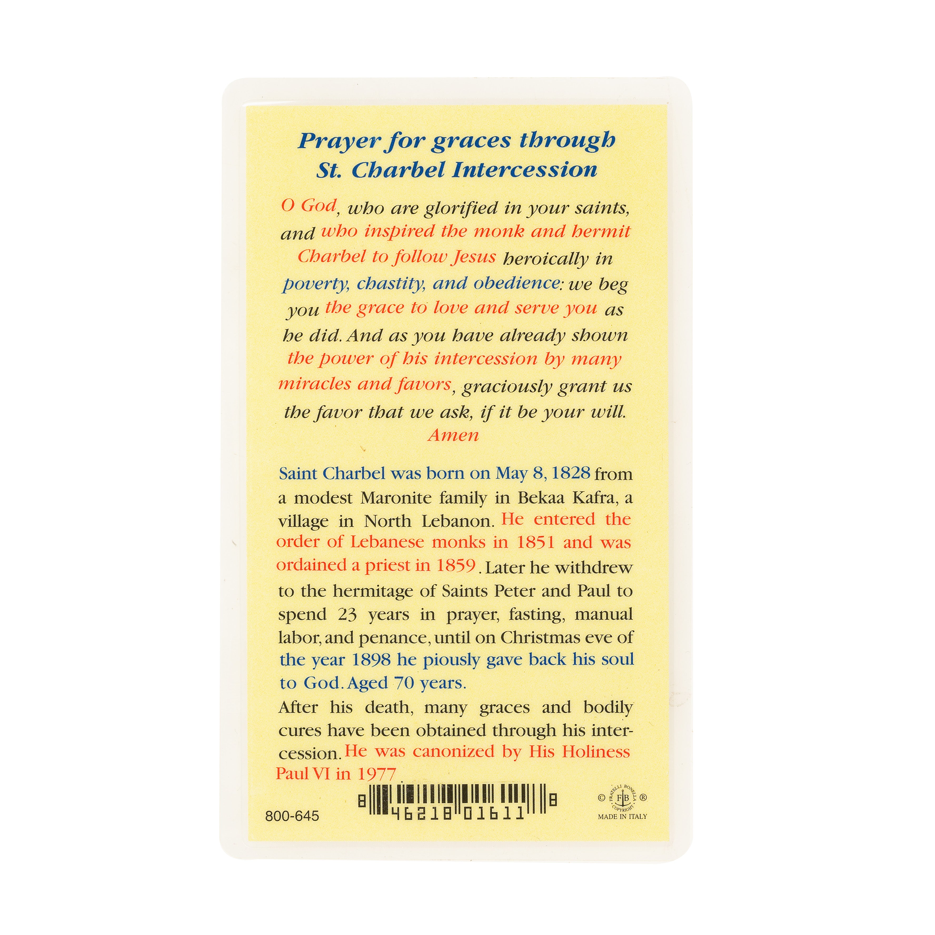St. Charbel - Prayer Card