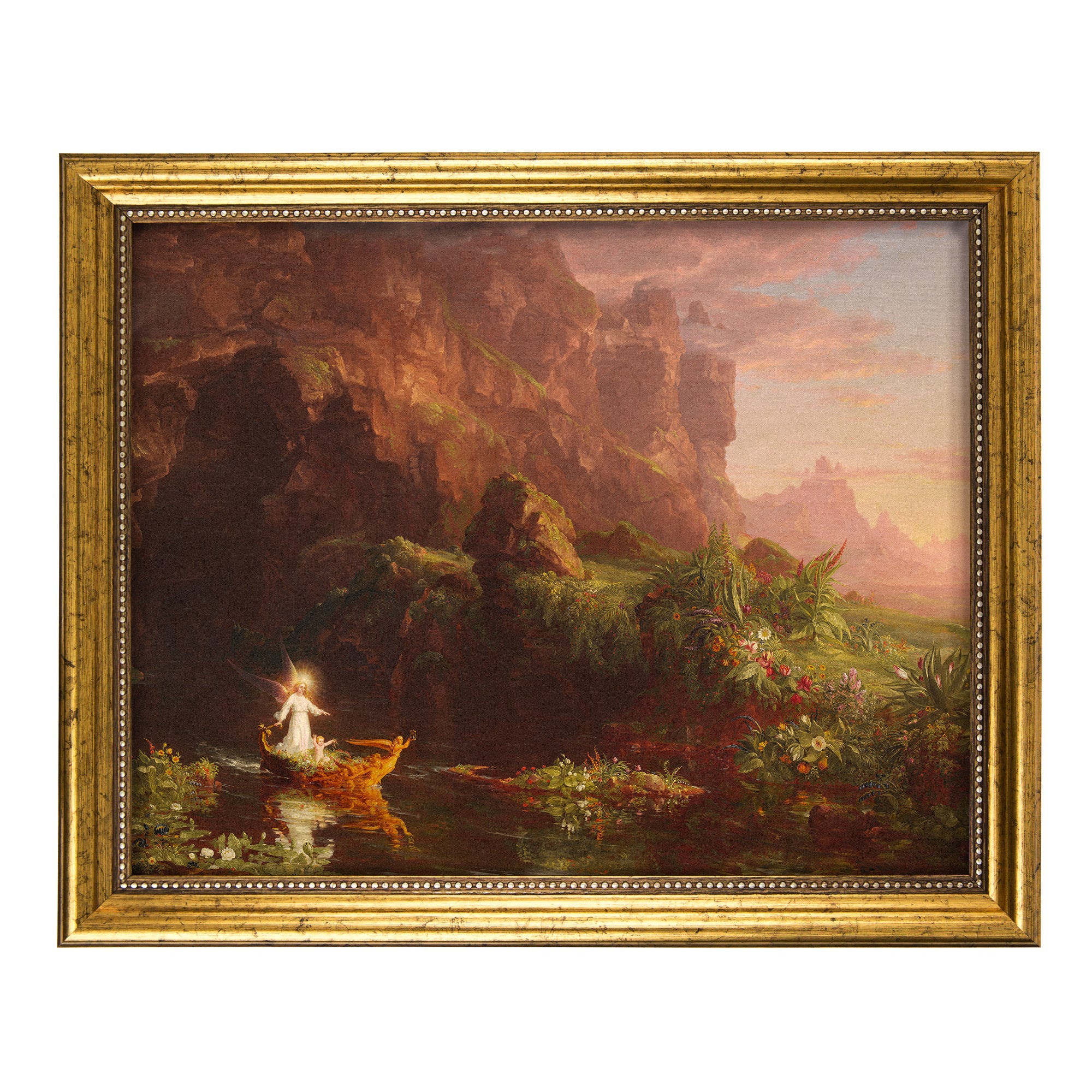 Framed canvas painting of an angel in a boat on a river, in a romantic style with a gold frame.