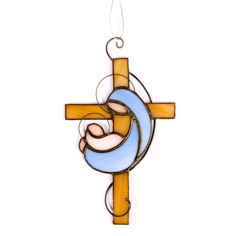 Handcrafted Mary & Baby Jesus Stained Glass Hanging Cross