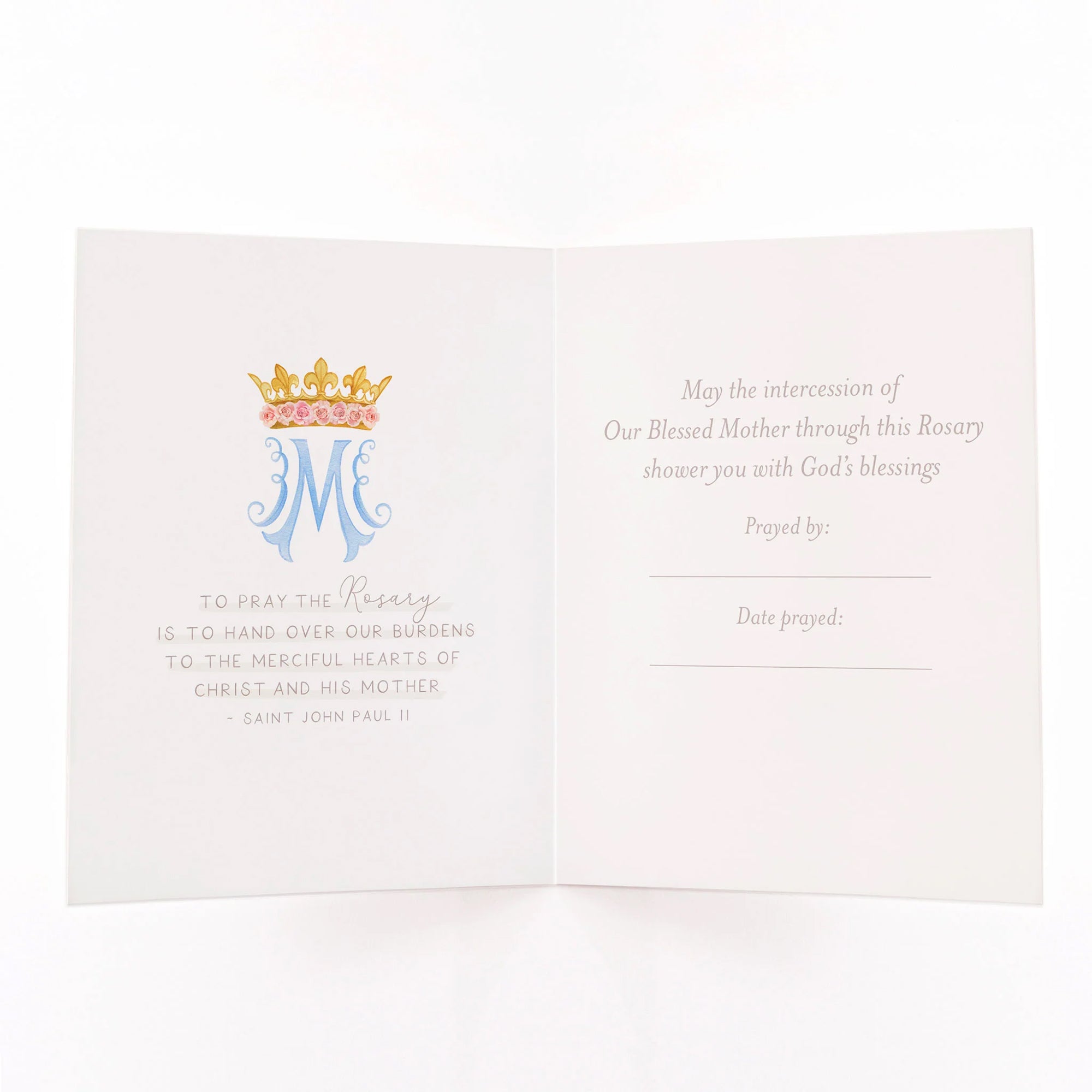 White Prayer card interior with pastel text, crowned Marian symbol, and blank "prayed by" lines.