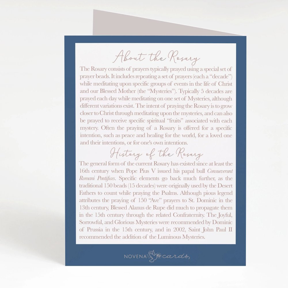 Informational insert describes praying the rosary and its history in light font on a navy card stock with white card border.