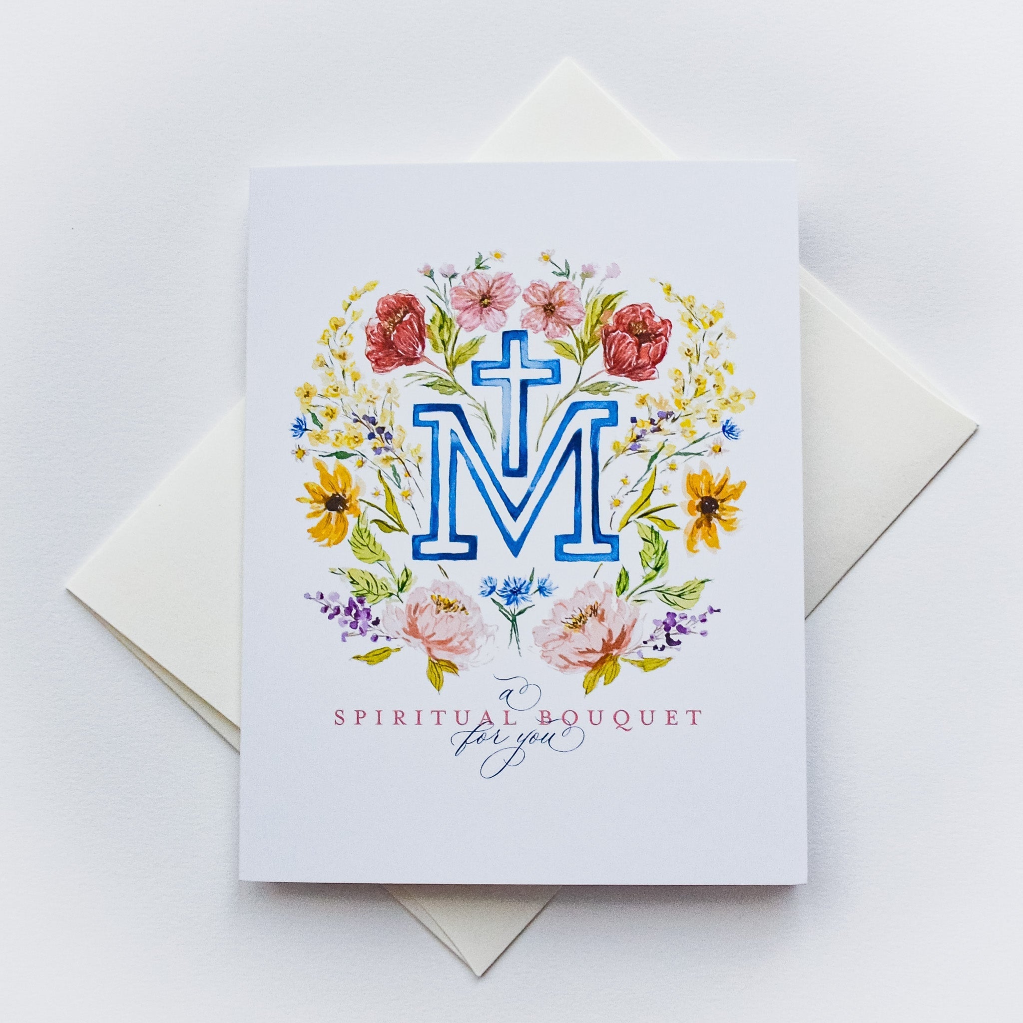 Floral Marian Cross Spiritual Bouquet Greeting Card